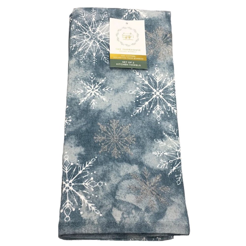 x2 Rachel Ashwell Snowflake Terry Kitchen Towels Blue Silver Christmas Holiday
